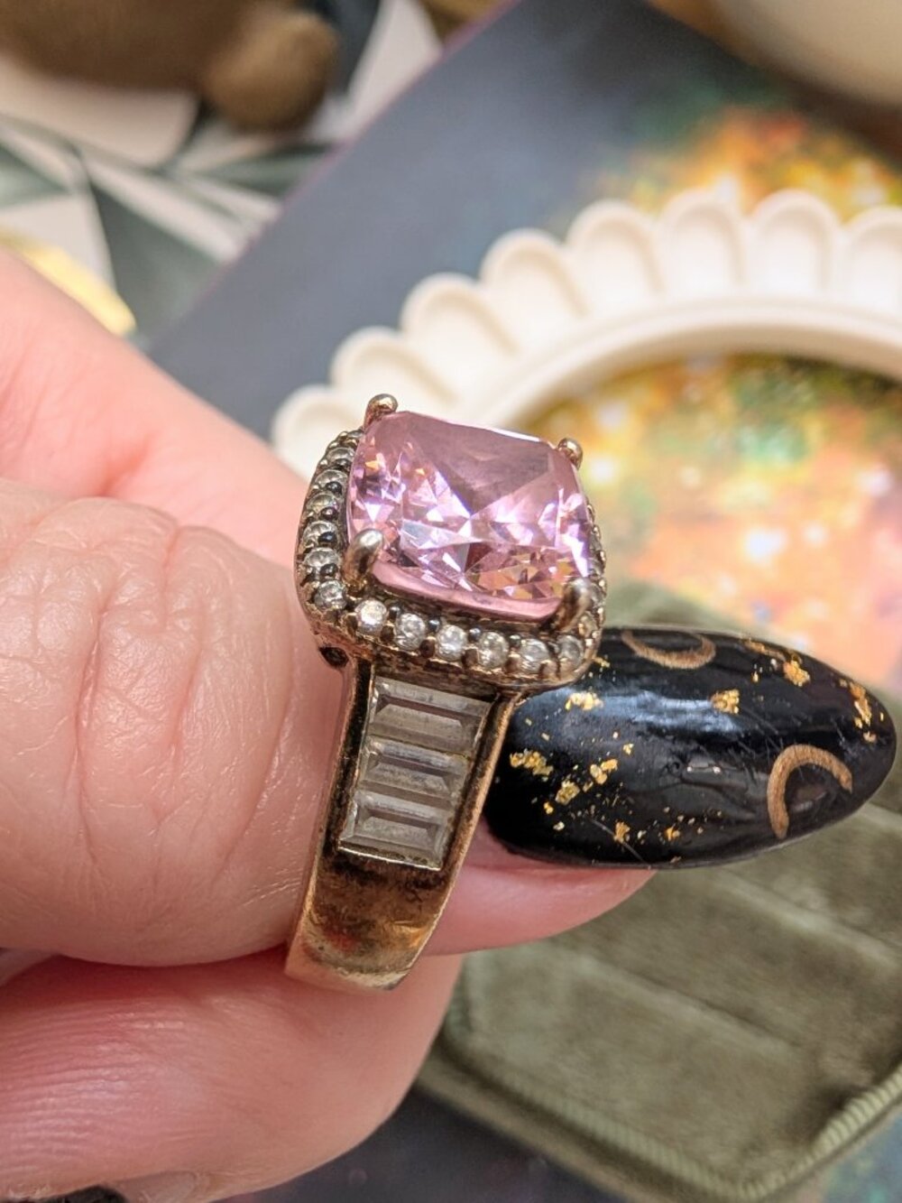 Vintage Sparkling Princess Cut Pink & Clear CZ Sterling Silver Ring, Size 8 - Picture 5 of 16